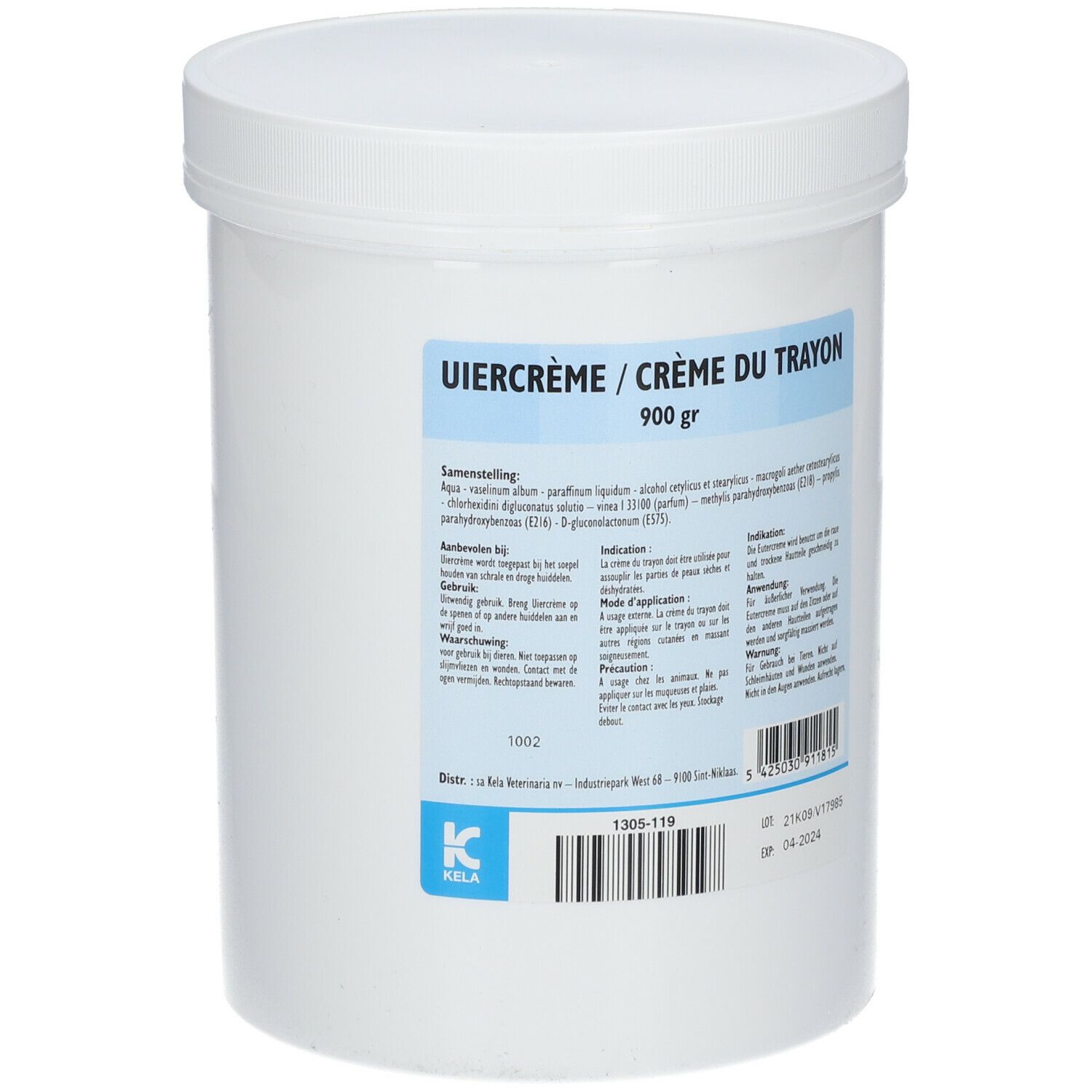 Seau blanc avec couvercle. Étiquette avec informations produit: Uiercrème / Crème du Trayon, 900 gr, logo Kela.
