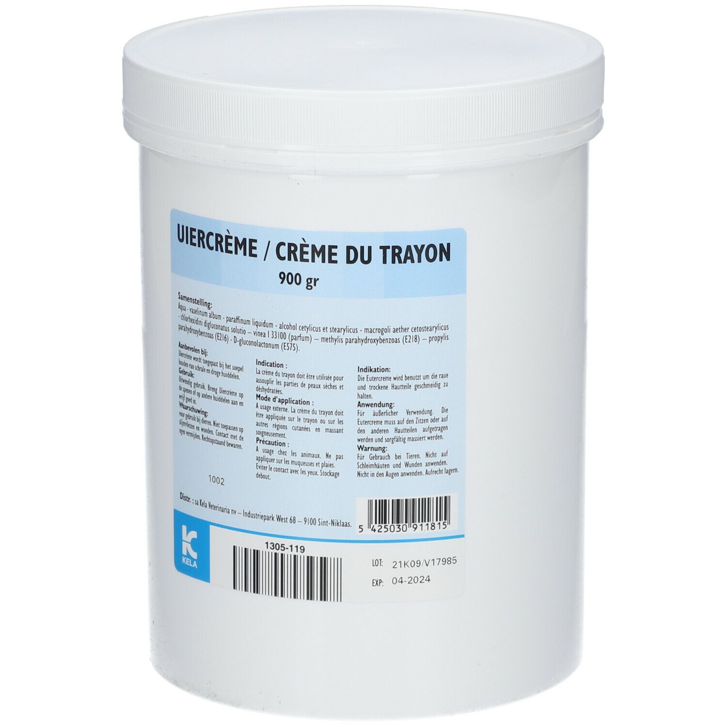 Seau blanc avec couvercle. Étiquette avec informations produit: Uiercrème / Crème du Trayon, 900 gr, logo Kela.