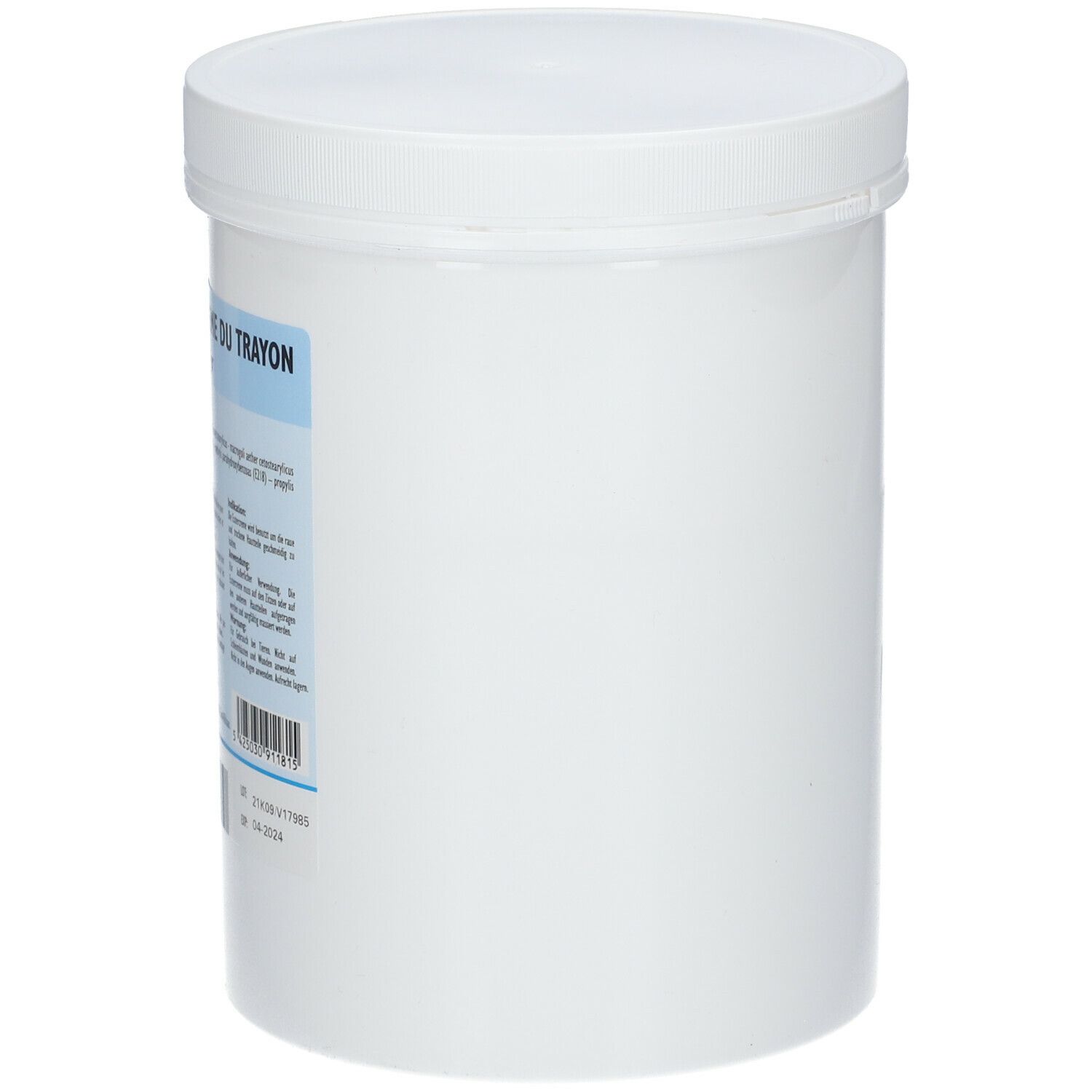 Seau cylindrique blanc avec couvercle. Étiquette d'informations produit sur le côté.