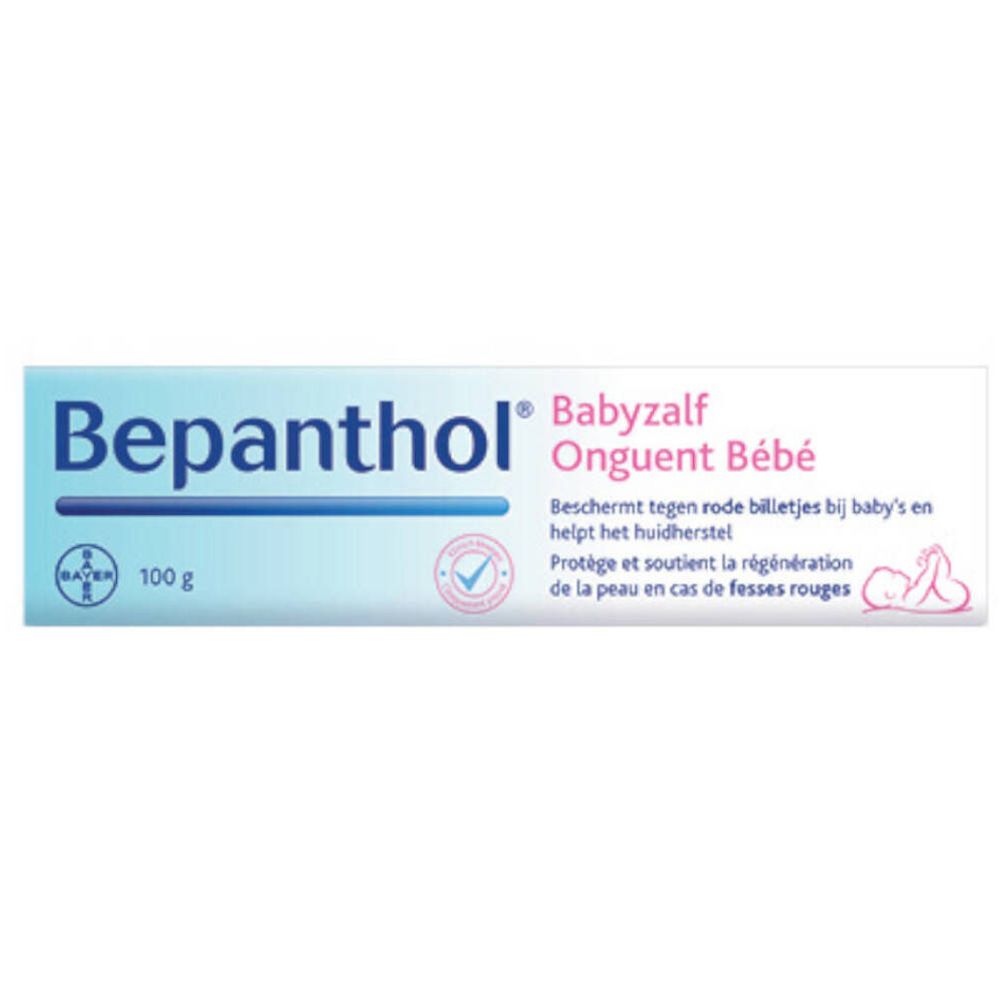 Tube Bepanthol Baby, Babyzalf, Onguent Bébé. Witte achtergrond. Bayer-logo. 100g. Beschermt tegen roodheid.