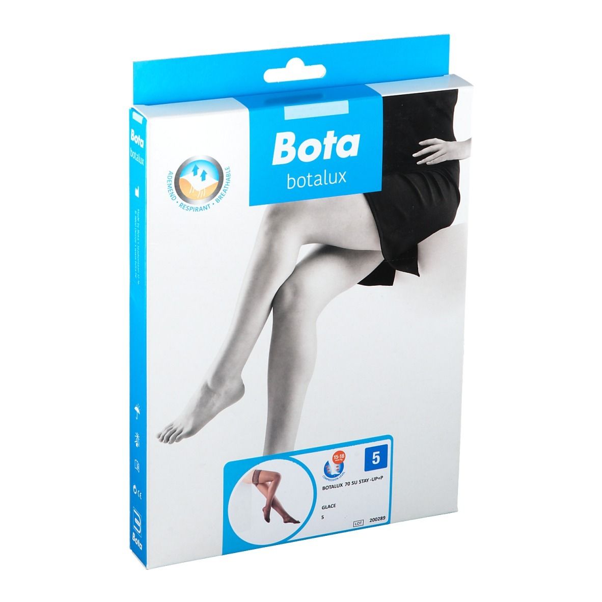 Boîte de bas Bota Botalux. Inscription : Bota Botalux, taille 5, Glace. Illustration de jambes.