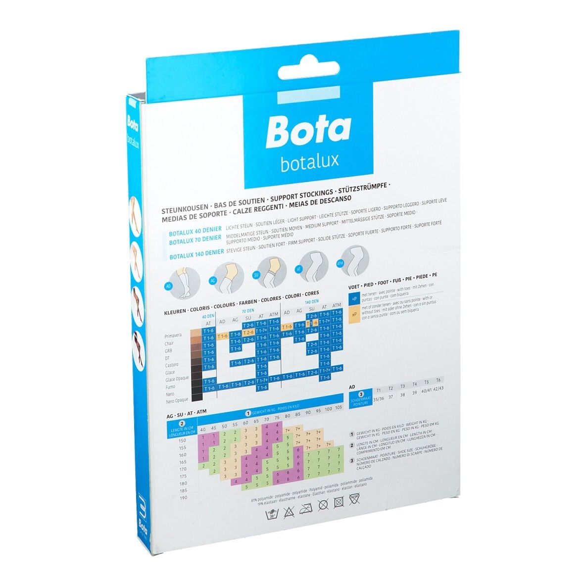 Dos de la boîte de bas Bota Botalux. Informations de taille, informations sur le produit, logos.