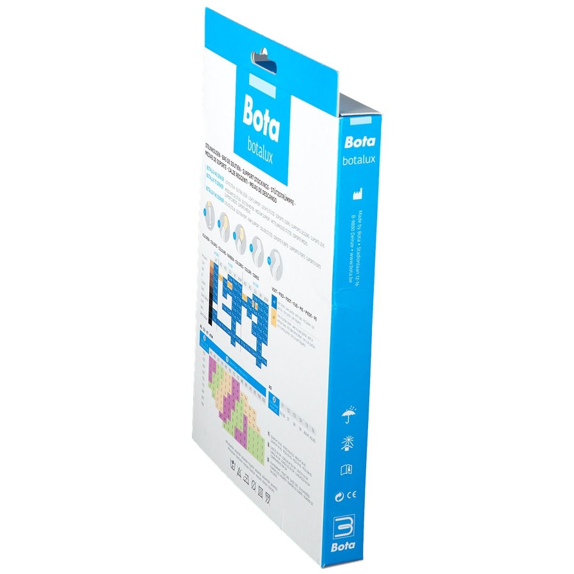 Vue latérale de la boîte de bas Bota Botalux. Informations produit, informations de taille, logos.