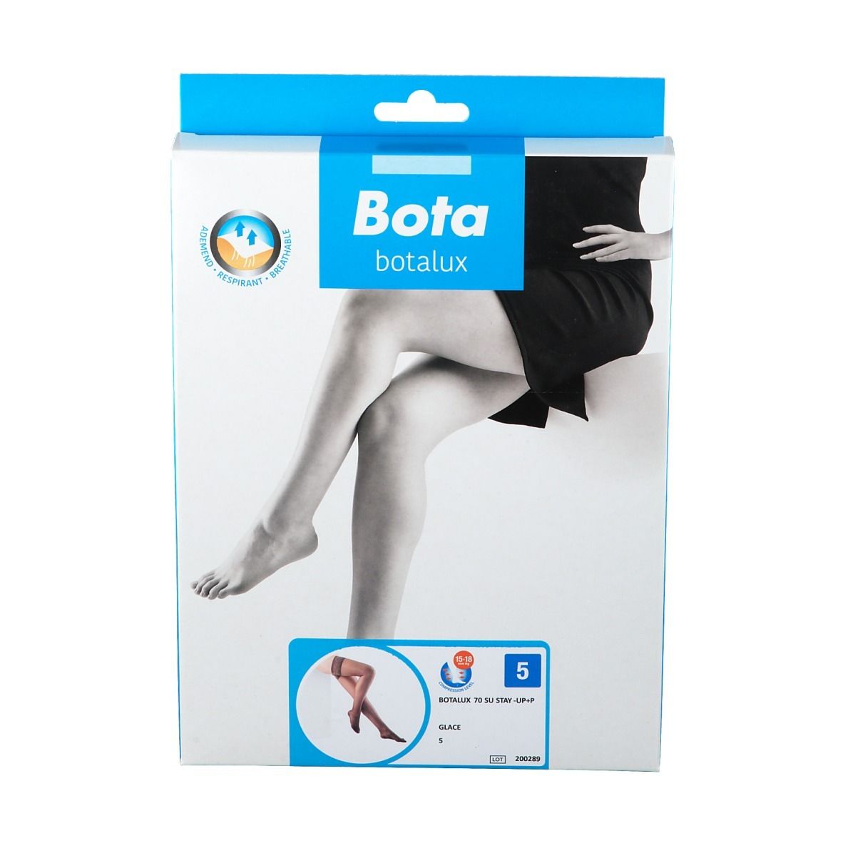 Boîte de bas Bota Botalux. Inscription : Bota Botalux, taille 5, Glace. Illustration de jambes.