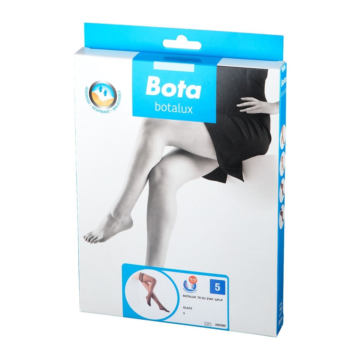 Boîte de bas Bota Botalux. Inscription : Bota Botalux, taille 5, Glace. Illustration de jambes.