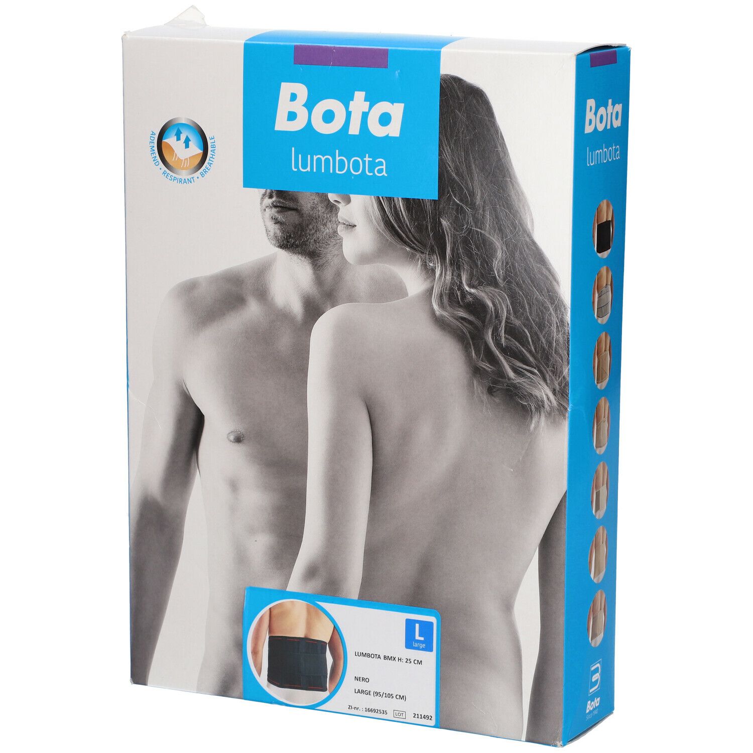 Emballage Bota Lumbota BMX Schwarz Gr. L. Un homme et une femme sont représentés. La taille L est indiquée.