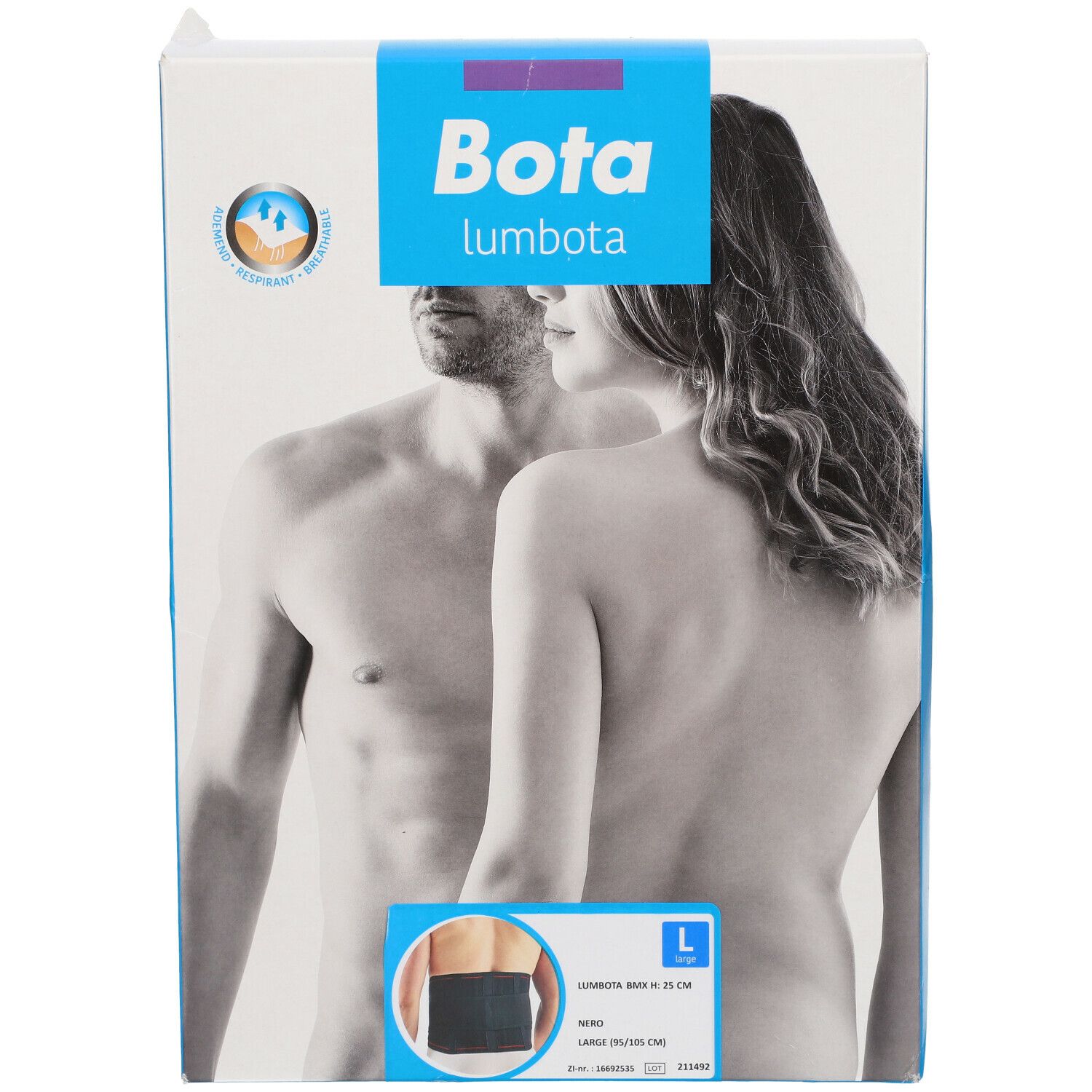 Emballage Bota Lumbota BMX Schwarz Gr. L. Homme et femme représentés. La taille L est indiquée.