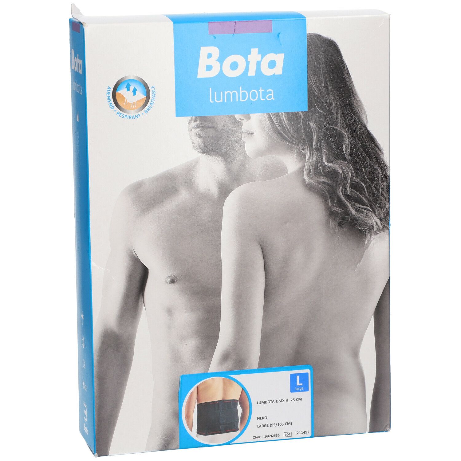 Emballage Bota Lumbota BMX Schwarz Gr. L. Homme et femme représentés. La taille L est indiquée.