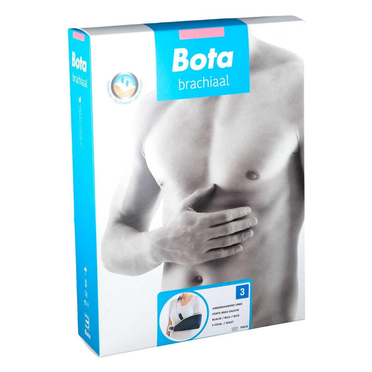 Verpackung mit Bota brachial. Aufdruck mit Abbildung eines Oberkörpers. Auf der Verpackung ist eine Armbandage abgebildet.