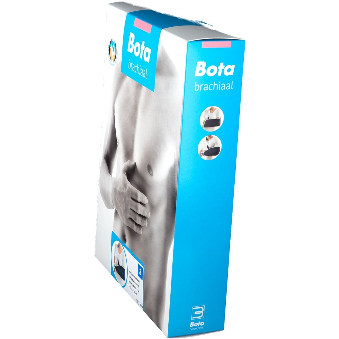 Seitenansicht der Verpackung mit Bota brachial. Aufdruck mit Abbildung eines Oberkörpers. Auf der Verpackung ist eine Armbandage abgebildet.