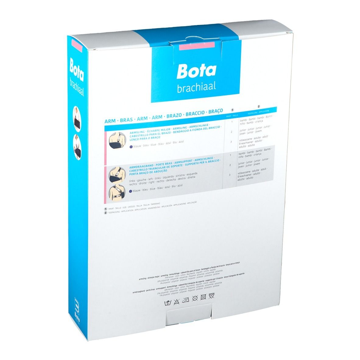 Rückseite der Verpackung mit Bota brachial. Abbildungen zur Anwendung. Text in mehreren Sprachen.