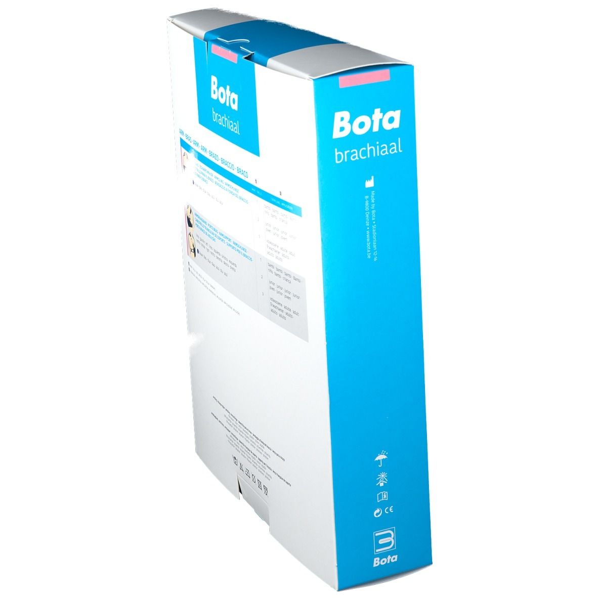 Seitenansicht der Verpackung mit Bota brachial. Abbildungen zur Anwendung. Text in mehreren Sprachen.