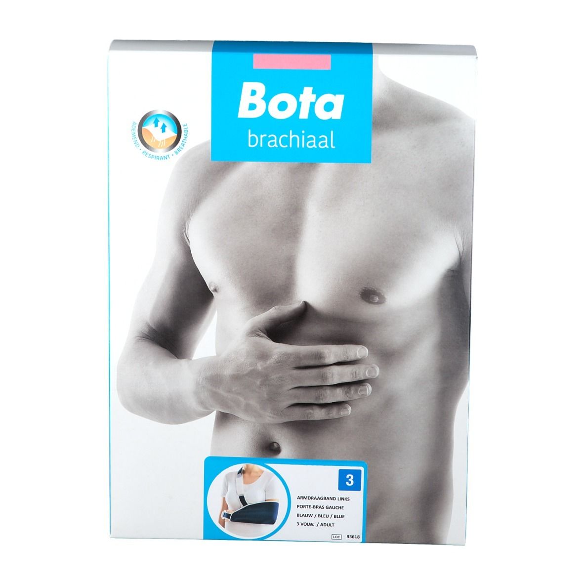 Verpackung mit Bota brachial. Aufdruck mit Abbildung eines Oberkörpers. Auf der Verpackung ist eine Armbandage abgebildet.