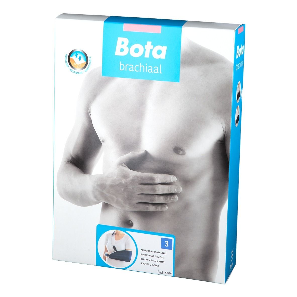Verpackung mit Bota brachial. Aufdruck mit Abbildung eines Oberkörpers. Auf der Verpackung ist eine Armbandage abgebildet.
