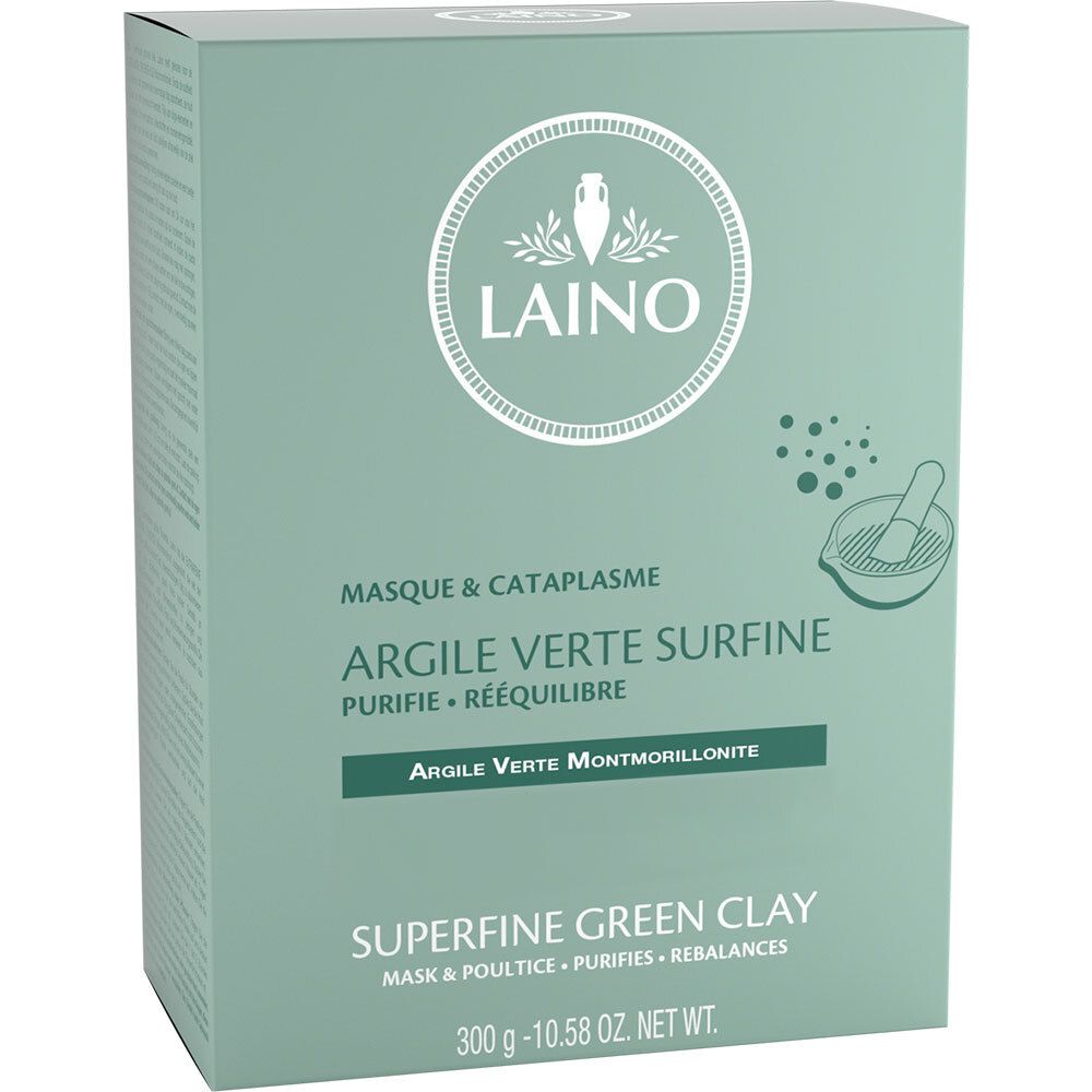 Lichtgroene doos met opdrukken. LAINO-logo linksboven. Tekst: Argile Verte Surfine, Superfine Green Clay. 300g.