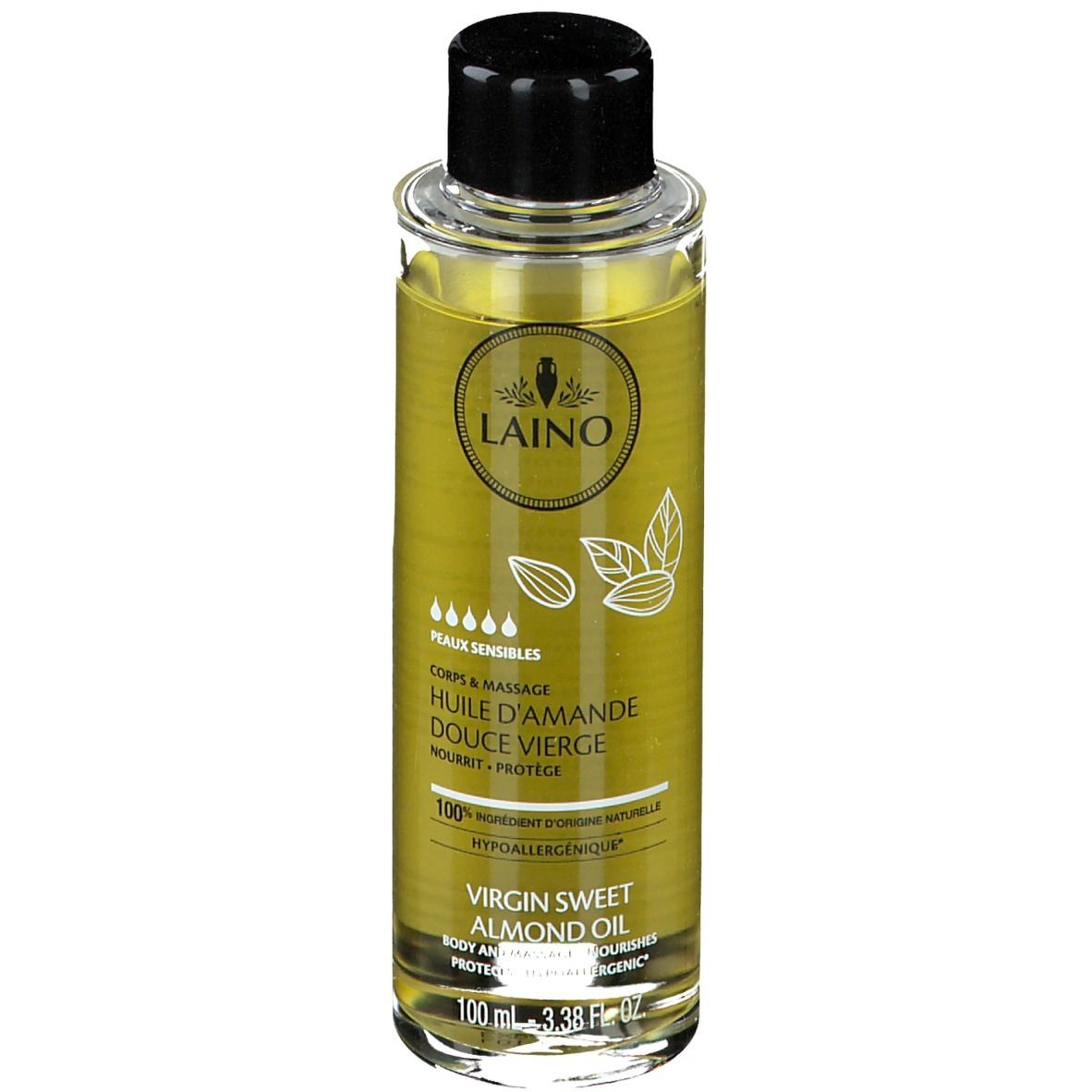 Transparante glazen fles met zwarte dop. Label met "LAINO" en "HUILE D'AMANDE DOUCE VIERGE".