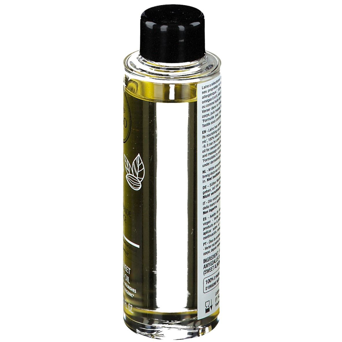 Glazen fles met zwarte dop. Label met tekst en logo. Gedrukte informatie.