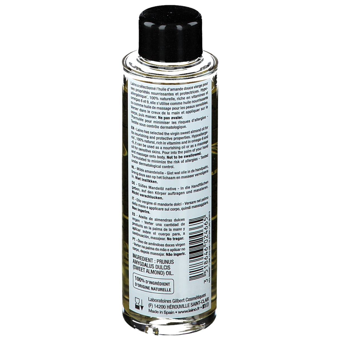 Glazen fles met zwarte dop. Achterkant met tekst. Ingrediëntenlijst en fabrikantinfo.