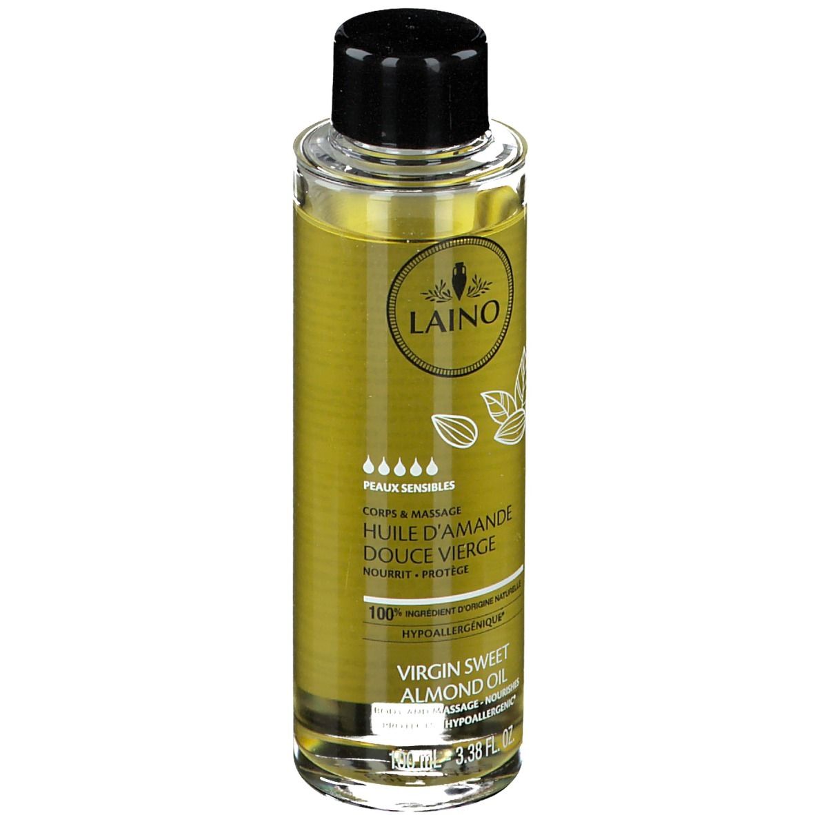 Transparante glazen fles met zwarte dop. Label met "LAINO" en "HUILE D'AMANDE DOUCE VIERGE".