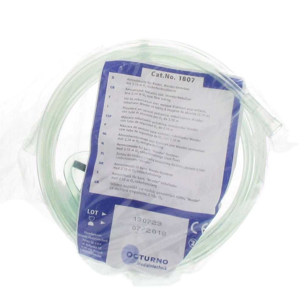 Emballage avec masque à oxygène, tube et accessoires. Texte d'informations produit. Marque Octurno Medizintechnik.