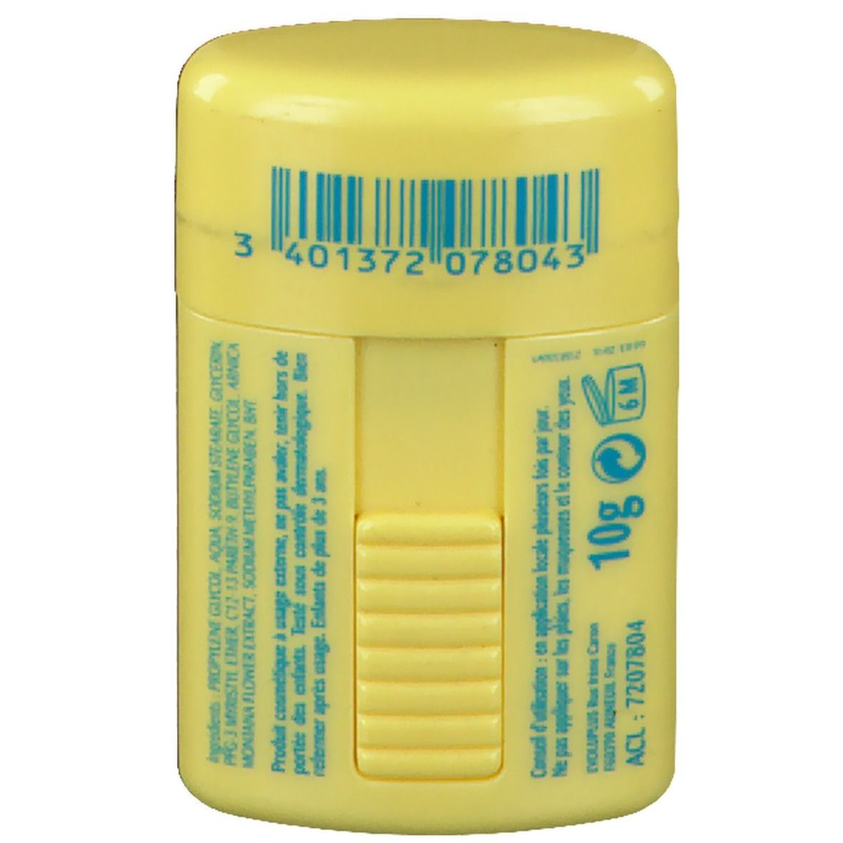 Dos du tube jaune. Code-barres, texte: 10g, Conseil d'utilisation. Ingrédients et informations fabricant.