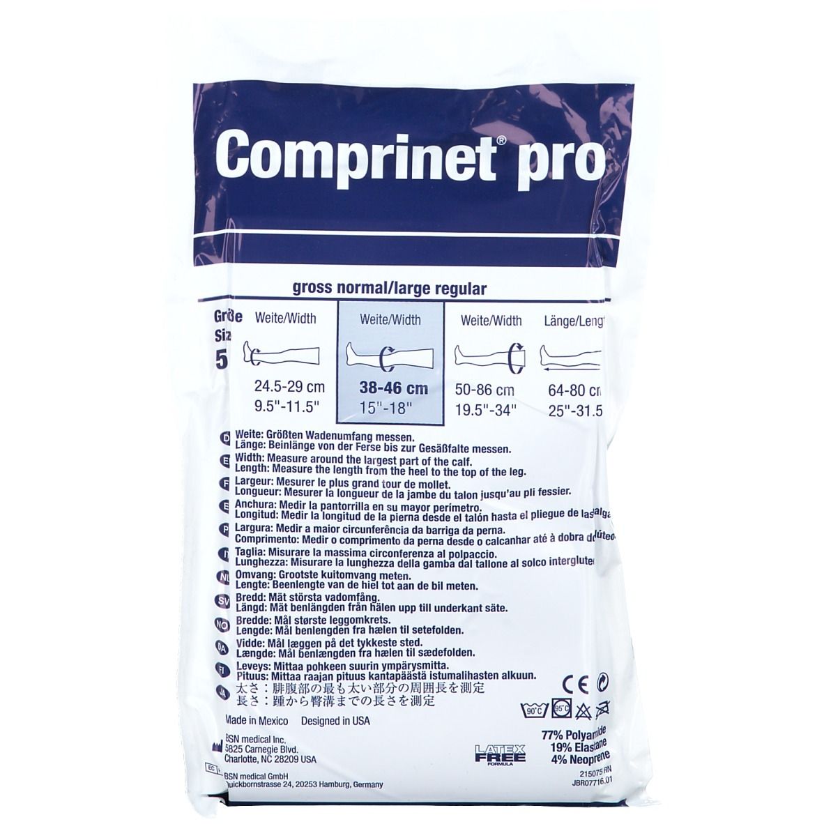 Verpakking met compressiekousen. Opschrift: Comprinet pro, maat 5. Tabellen met maten en informatie.