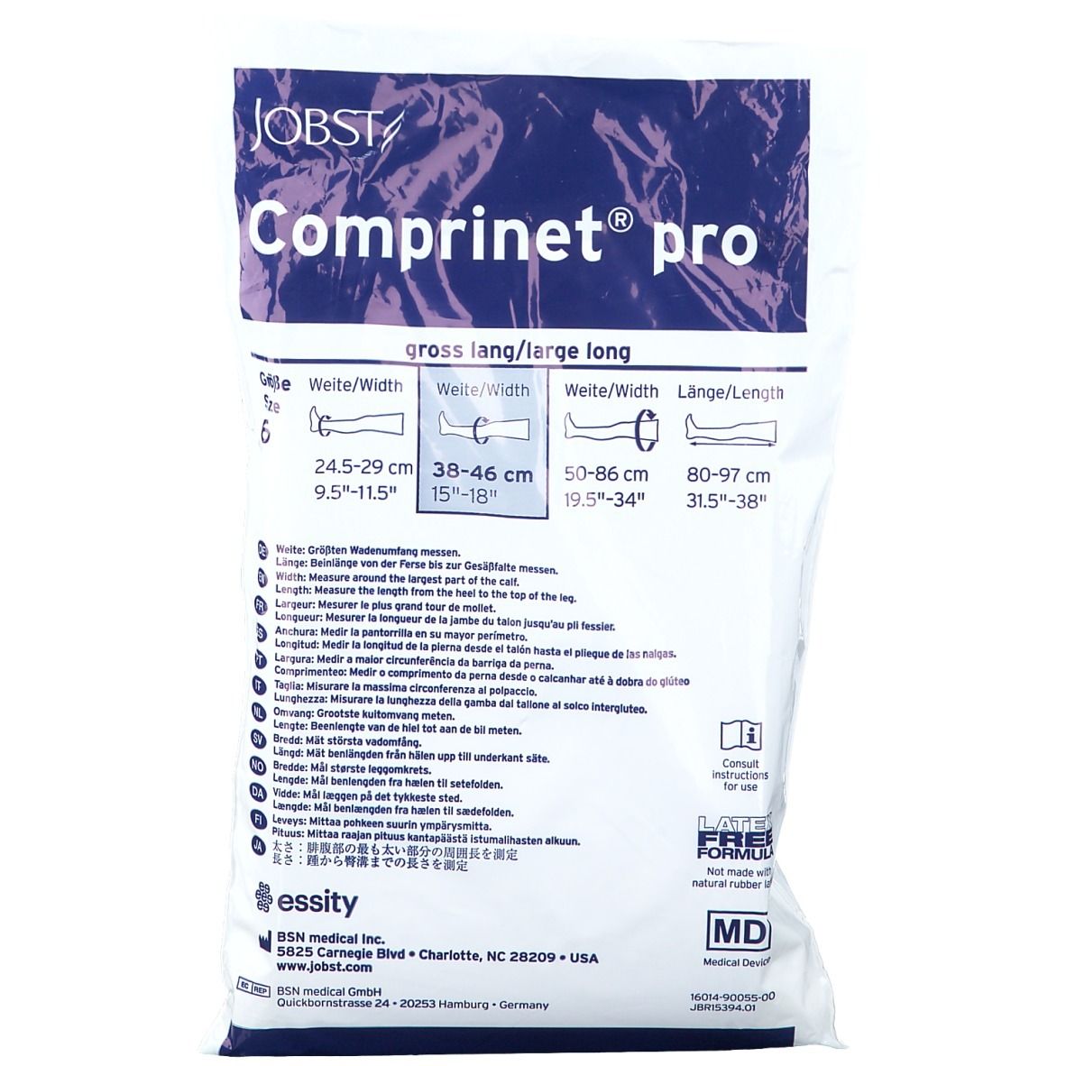 Verpakking van Comprinet® pro anti-trombose kousen. Maatvoering en afmetingen. Meertalige tekst. Jobst logo.