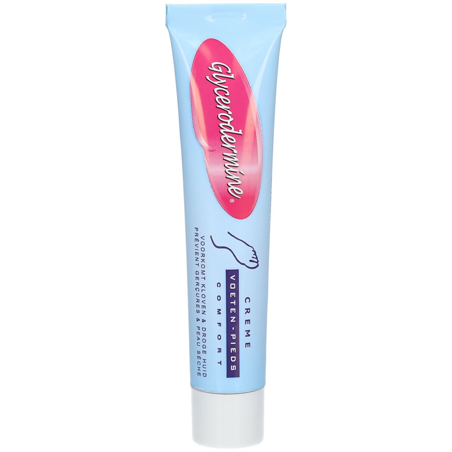 Tube bleu clair avec le texte rose Glycerodermine. Contient de la crème pour les pieds. Texte: Voeten-Pieds Comfort. Prévient les gerçures et la peau sèche.