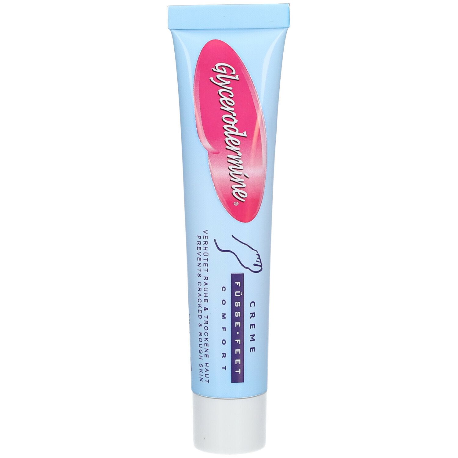 Tube bleu clair avec texte rose Glycerodermine. Contient crème pour pieds. Texte: Füße-Feet Comfort. Prévient peau rugueuse et sèche.