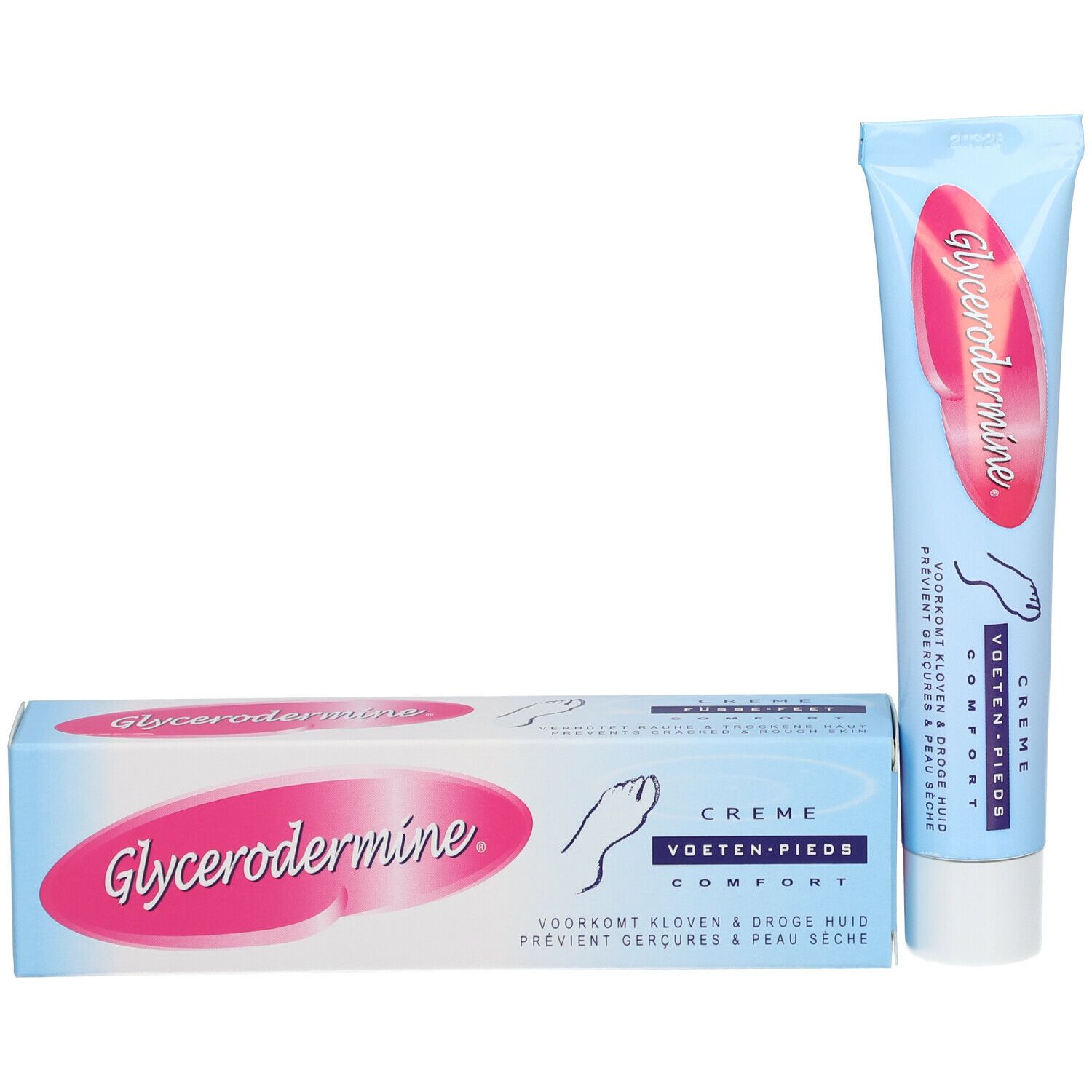Boîte et tube bleus clairs. Boîte avec texte rose Glycerodermine. Contient crème pour pieds. Texte: Voeten-Pieds Comfort. Prévient gerçures et peau sèche.