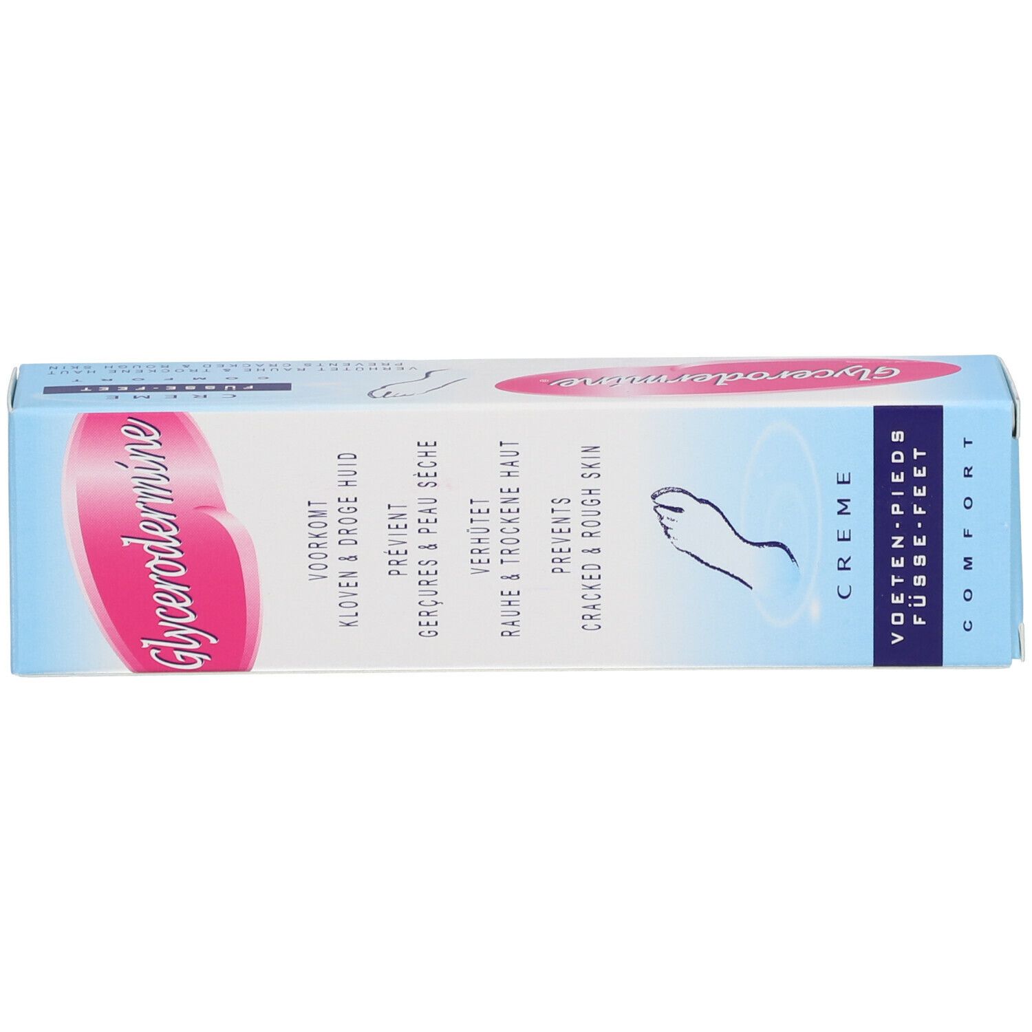 Boîte bleu clair avec texte rose Glycerodermine. Contient crème pour pieds. Texte: Füße-Feet Comfort. Prévient peau rugueuse et sèche.