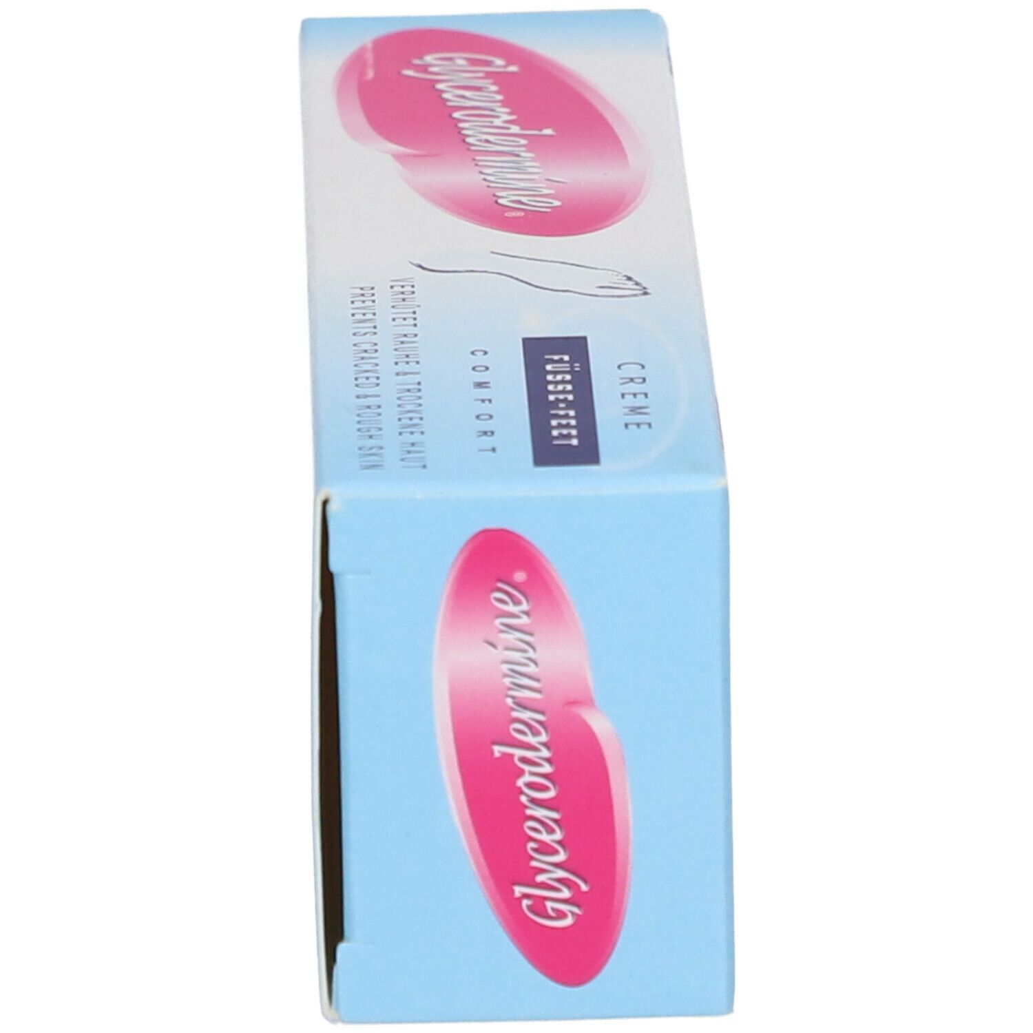 Boîte bleu clair avec texte rose Glycerodermine. Contient crème pour pieds. Texte: Füße-Feet Comfort. Prévient peau rugueuse et sèche.