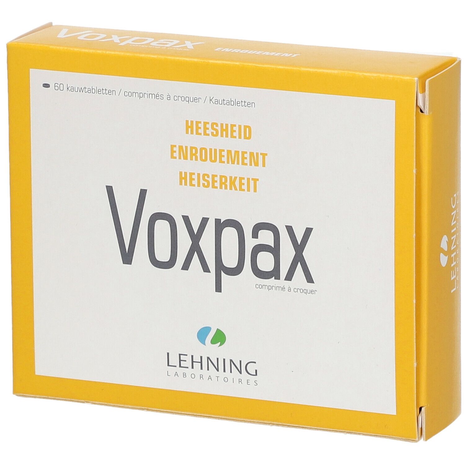 Boîte jaune "Voxpax". Inscriptions en plusieurs langues. Logo "Lehning Laboratories" en bas.