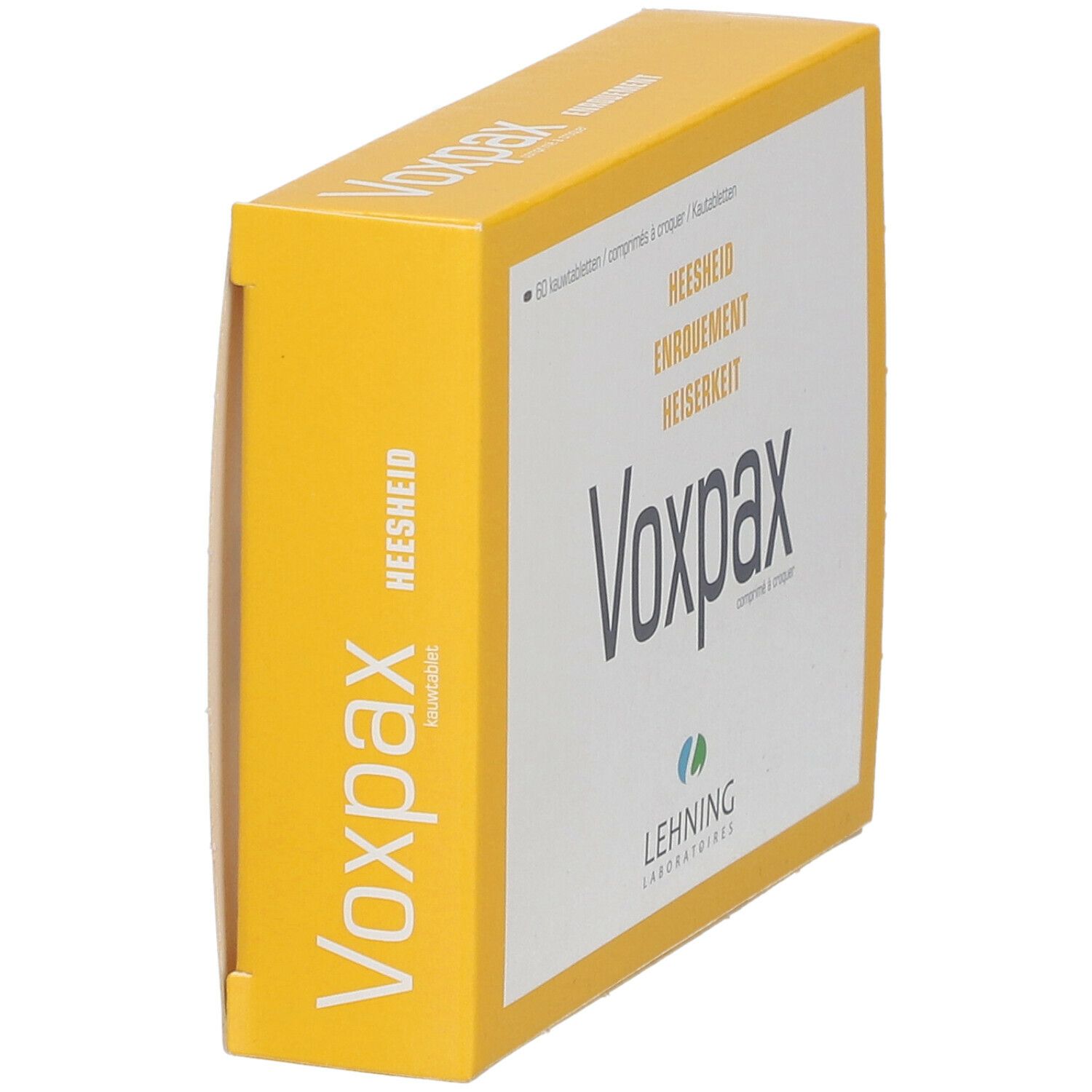 Boîte "Voxpax" jaune en biais. Texte multilingue. Logo "Lehning Laboratories".