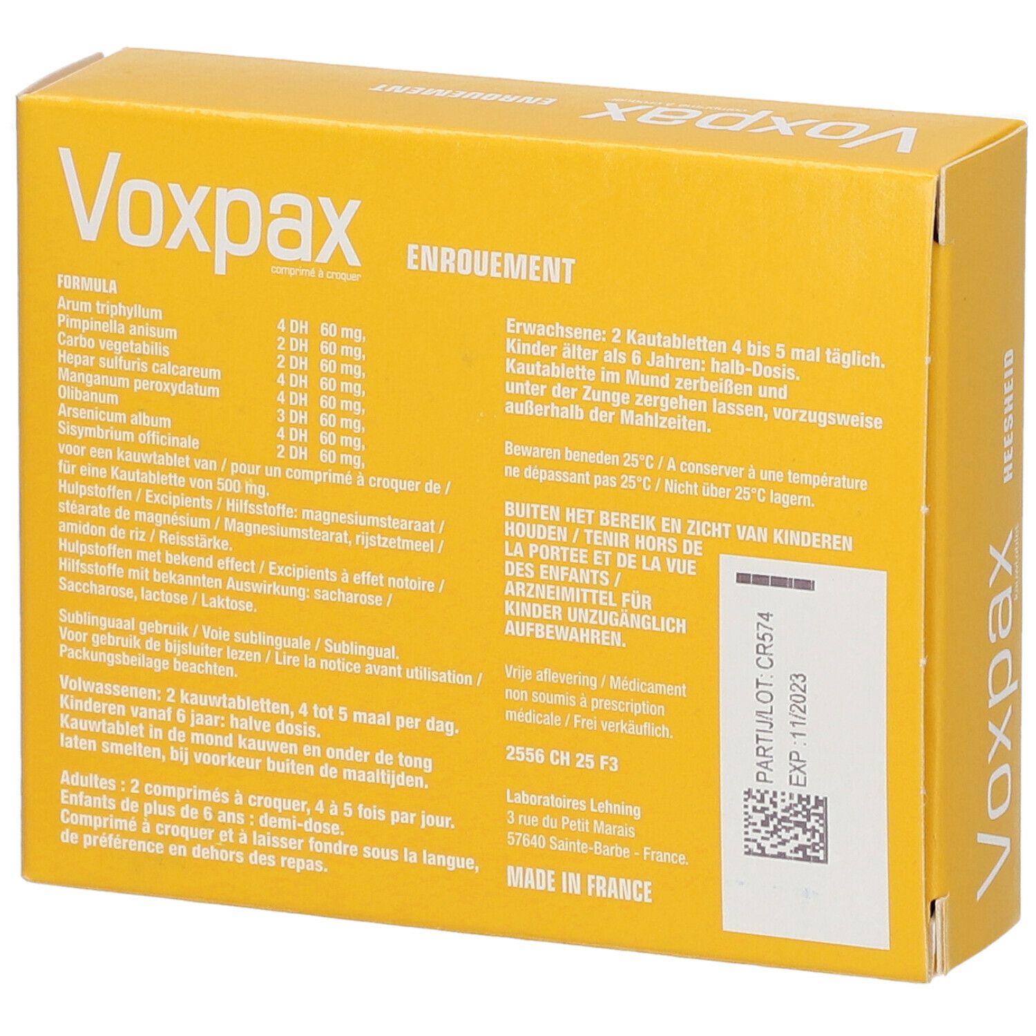 Dos de la boîte jaune "Voxpax". Texte, ingrédients, instructions et informations fabricant.