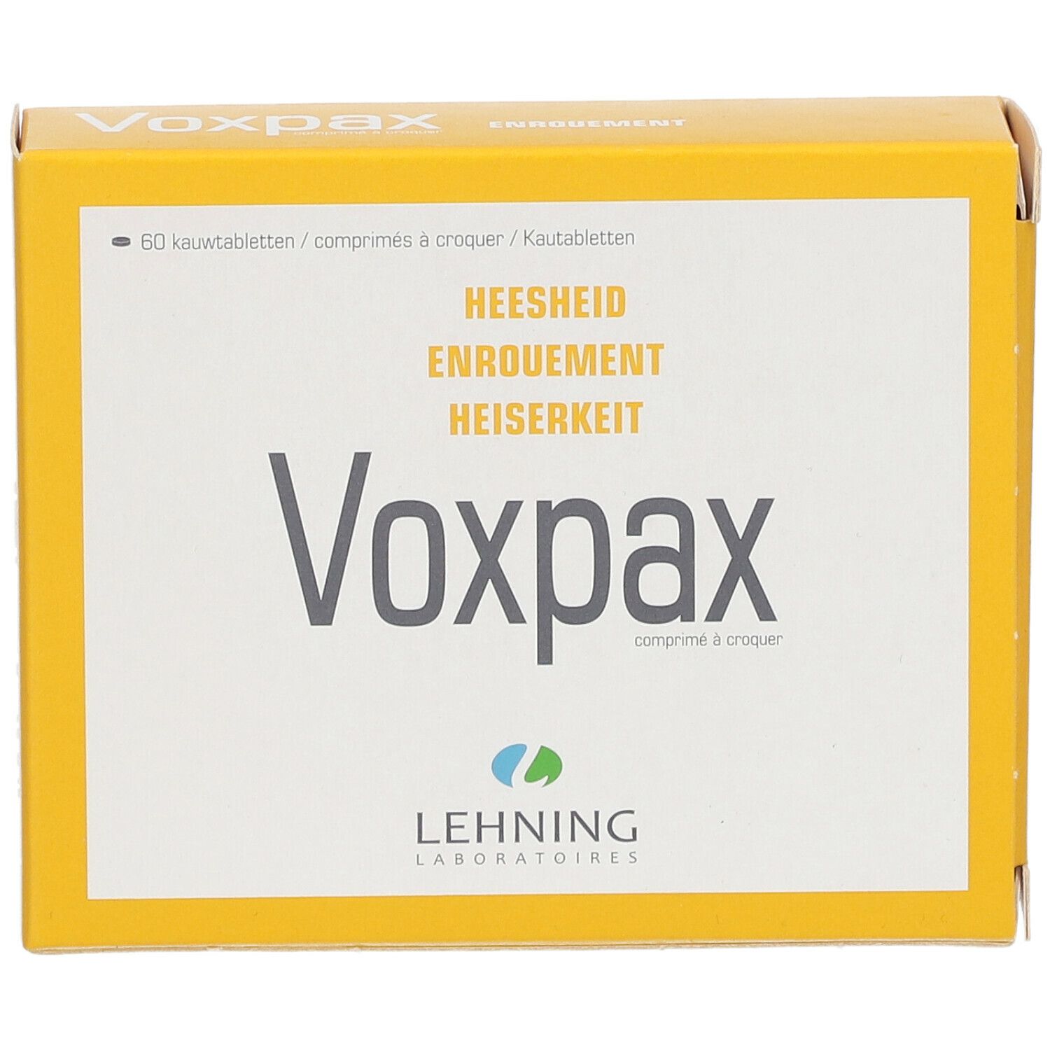 Boîte jaune "Voxpax" avec textes multilingues. Logo "Lehning Laboratories" en bas.
