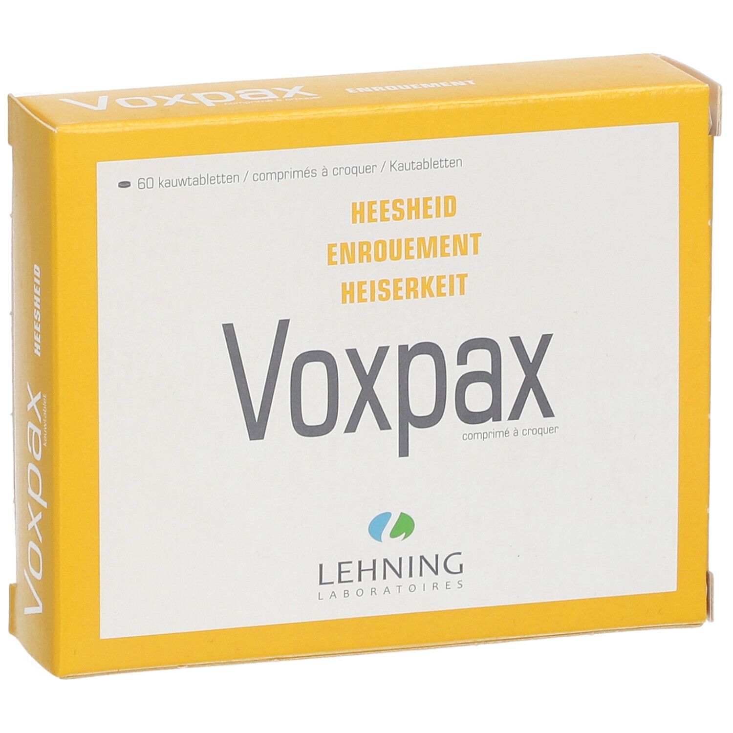 Boîte jaune "Voxpax" avec textes multilingues. Logo "Lehning Laboratories" en bas.
