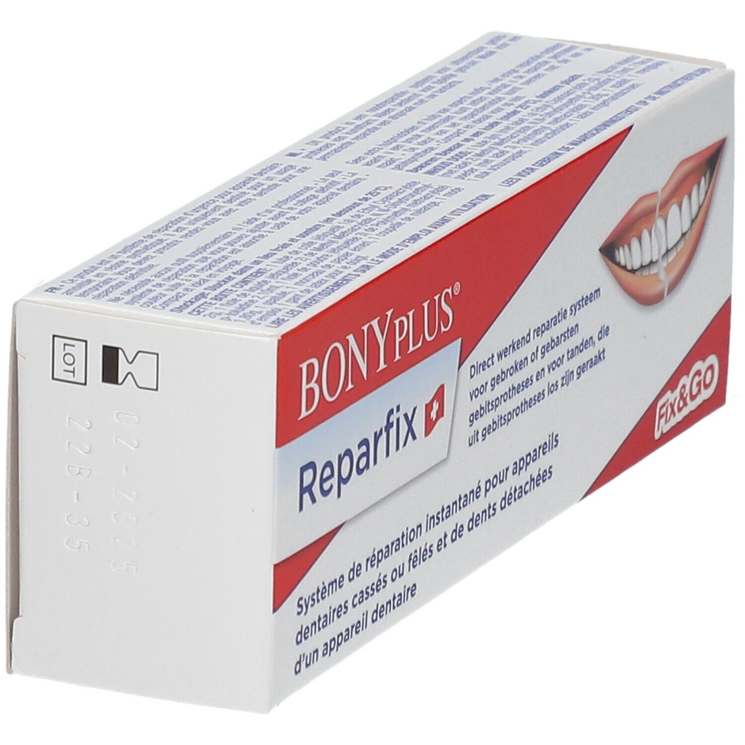 Emballage Bonyplus Reparfix, vue oblique. Boîte rouge et blanche avec nom du produit et texte. Impression avec numéro de lot.