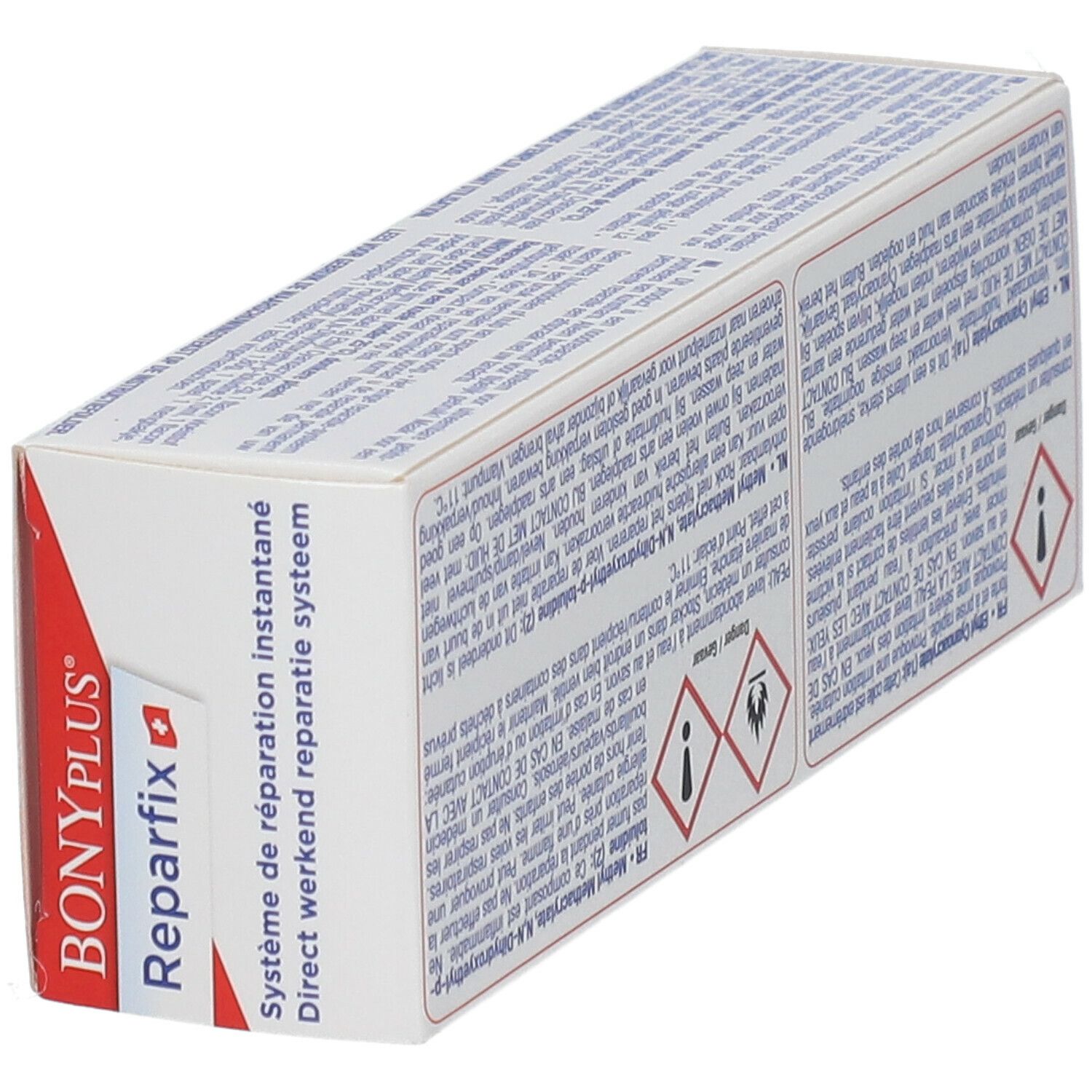 Emballage Bonyplus Reparfix, vue oblique. Boîte rouge et blanche avec nom du produit et texte. Avertissements.