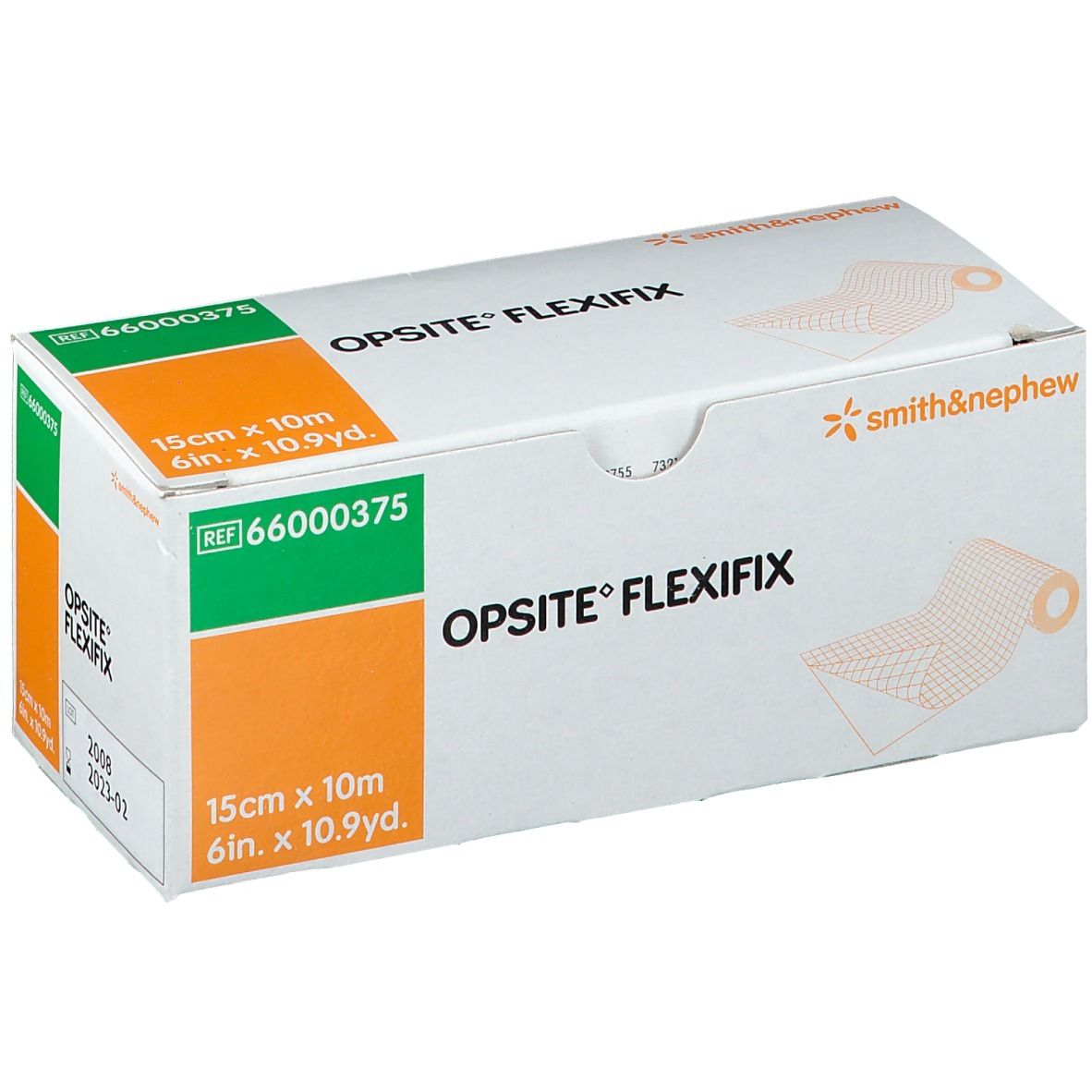 Boîte Opsite Flexifix, dimensions 15cm x 10m. Fabricant : Smith & Nephew. Boîte verte, blanche et orange avec informations produit.