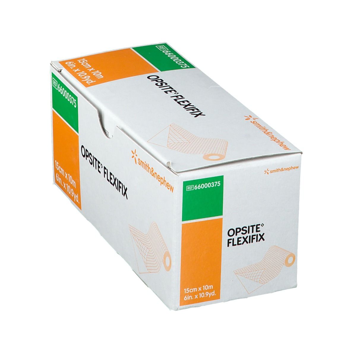 Boîte Opsite Flexifix, dimensions 15cm x 10m. Fabricant : Smith & Nephew. Boîte en perspective, vert, blanc et orange.