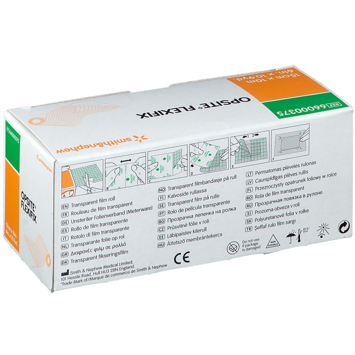 Boîte Opsite Flexifix, dimensions 15cm x 10m. Fabricant : Smith & Nephew. Dos avec pictogrammes et informations produit.