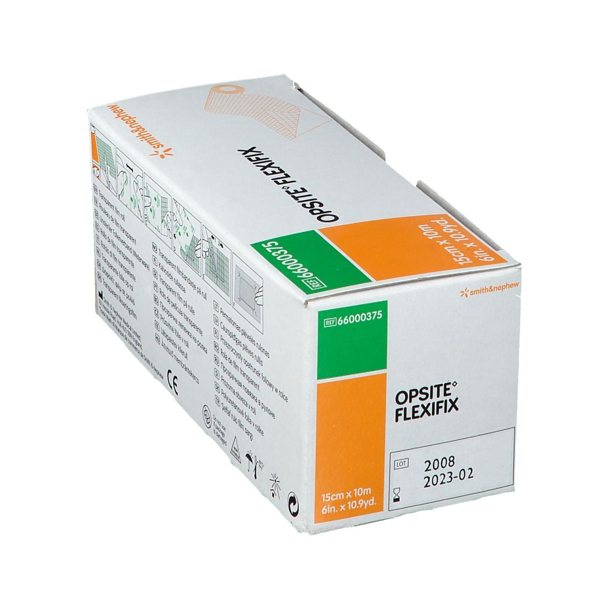 Boîte Opsite Flexifix, dimensions 15cm x 10m. Fabricant : Smith & Nephew. Boîte avec date de production et numéro de lot.