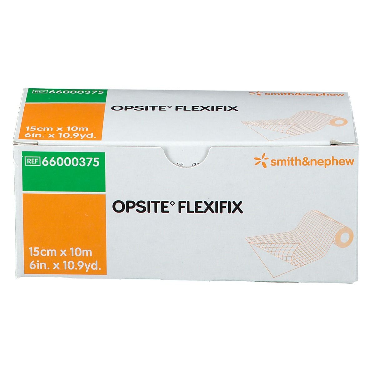 Boîte Opsite Flexifix, dimensions 15cm x 10m. Fabricant : Smith & Nephew. Boîte verte, blanche et orange avec informations produit.