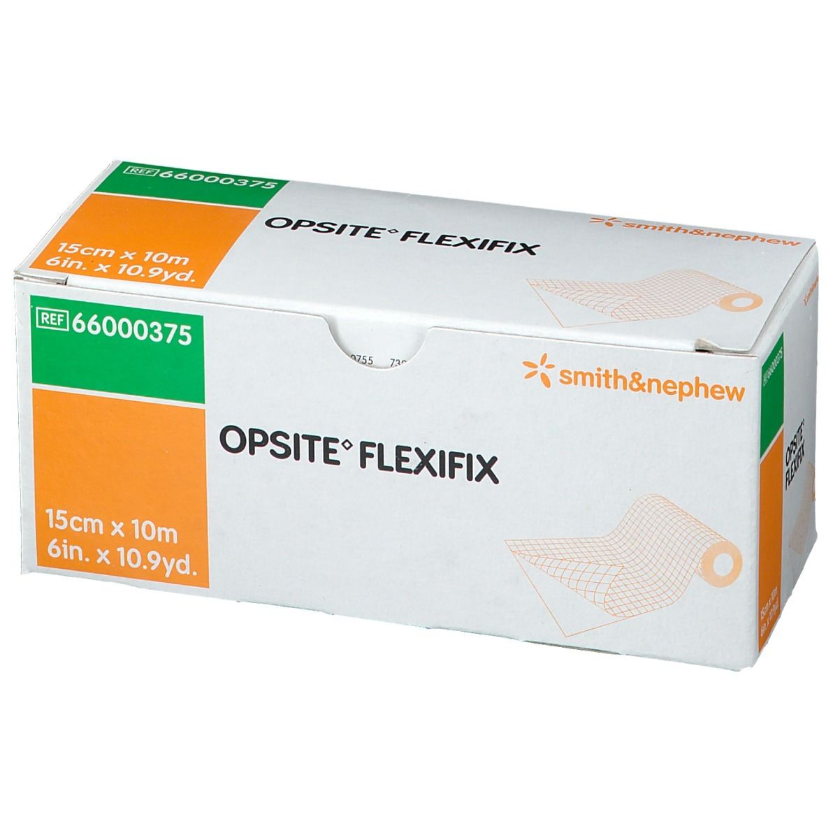 Boîte Opsite Flexifix, dimensions 15cm x 10m. Fabricant : Smith & Nephew. Boîte verte, blanche et orange avec informations produit.