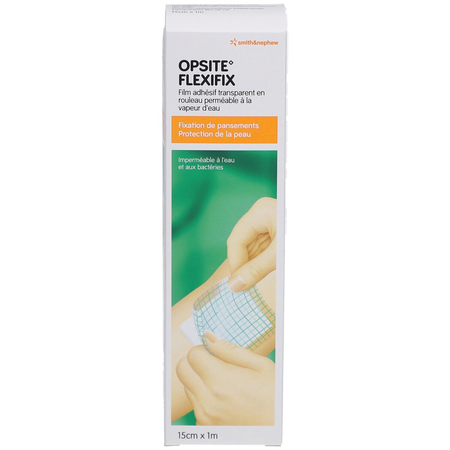 Boîte Opsite Flexifix. Texte en français. Dimensions : 15cm x 1m. Illustration d'application sur l'emballage.