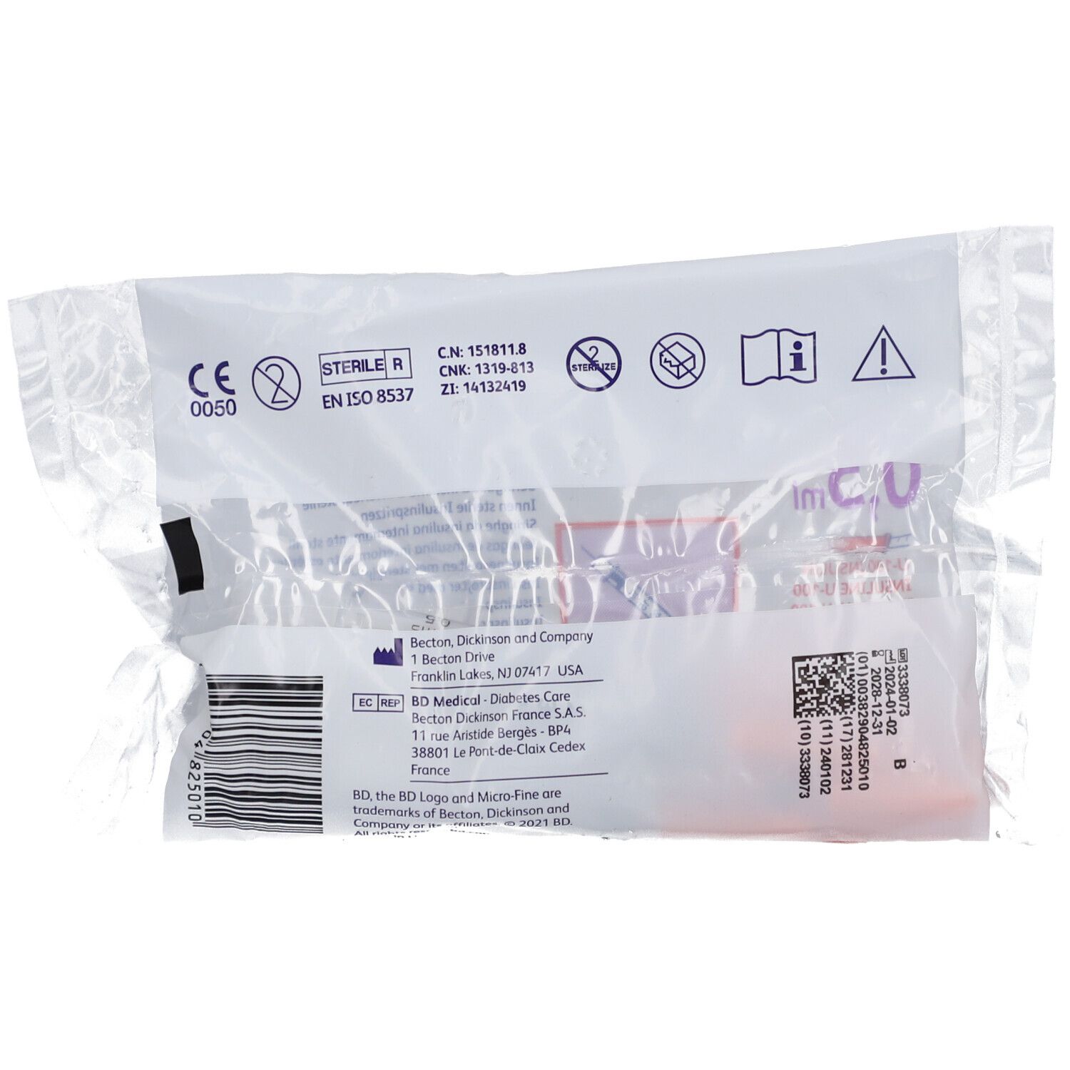 Dos de l'emballage BD Micro-Fine + 0,5 ml. Marquages visibles : CE, Stérile, EN ISO 8537. Code-barres et informations fabricant.
