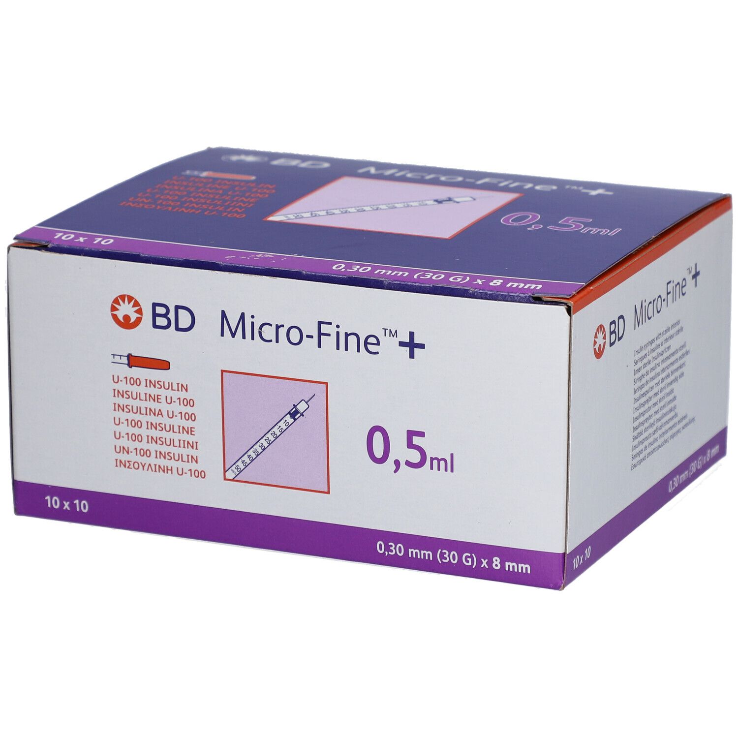 Boîte de BD Micro-Fine + 0,5 ml. Illustration du produit, nom et volume. 10x10 unités.