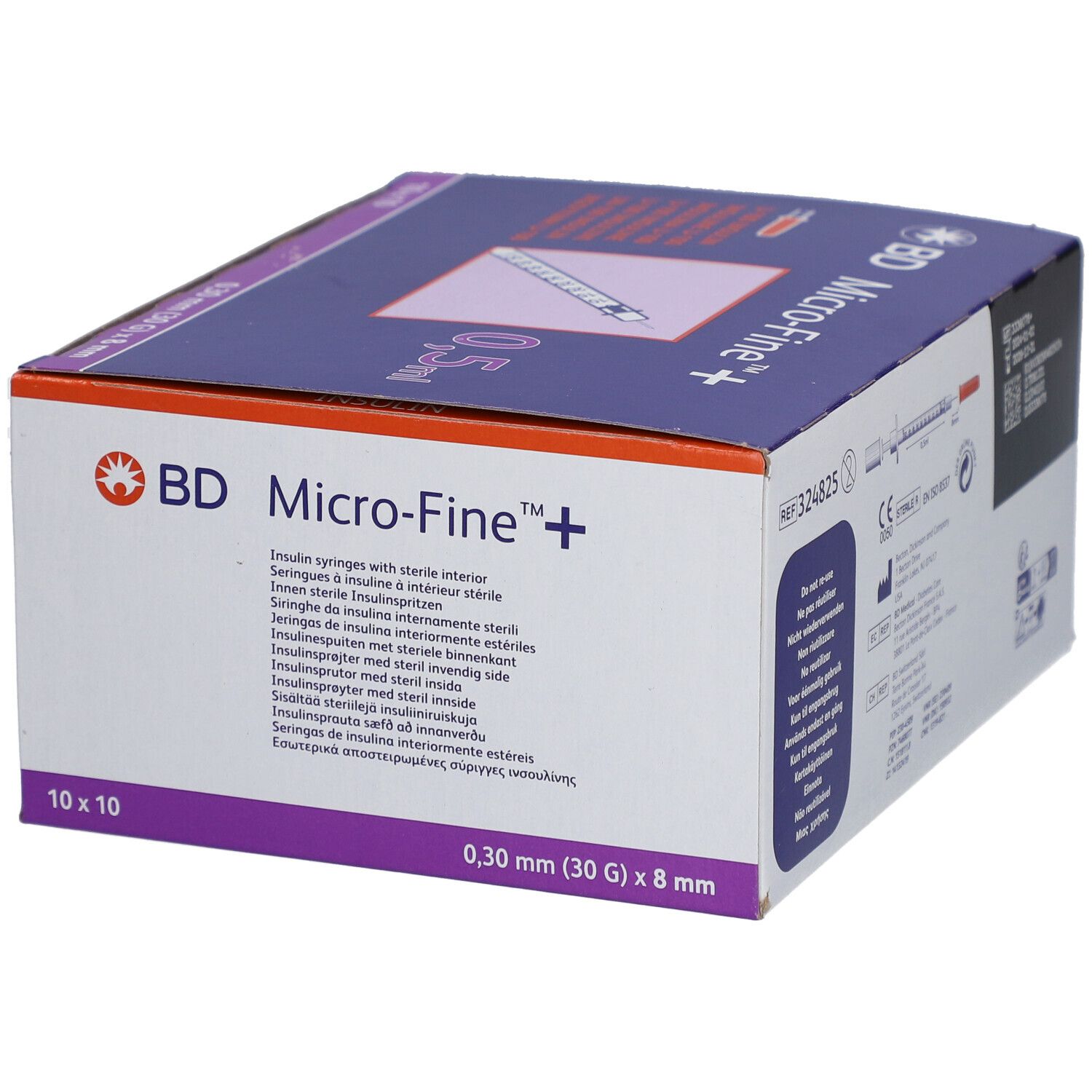 Boîte de BD Micro-Fine + 0,5 ml. Illustration du produit, nom et volume. 10x10 unités.