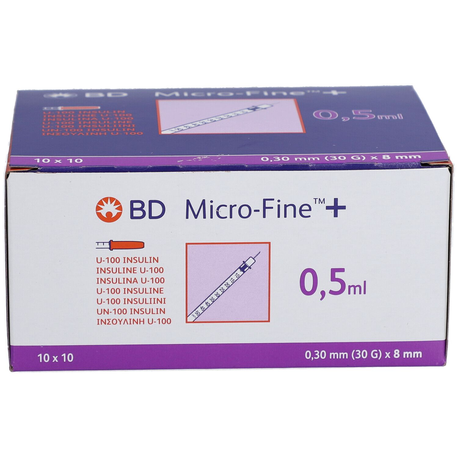 Boîte de BD Micro-Fine + 0,5 ml. Illustration du produit, nom et volume. 10x10 unités.
